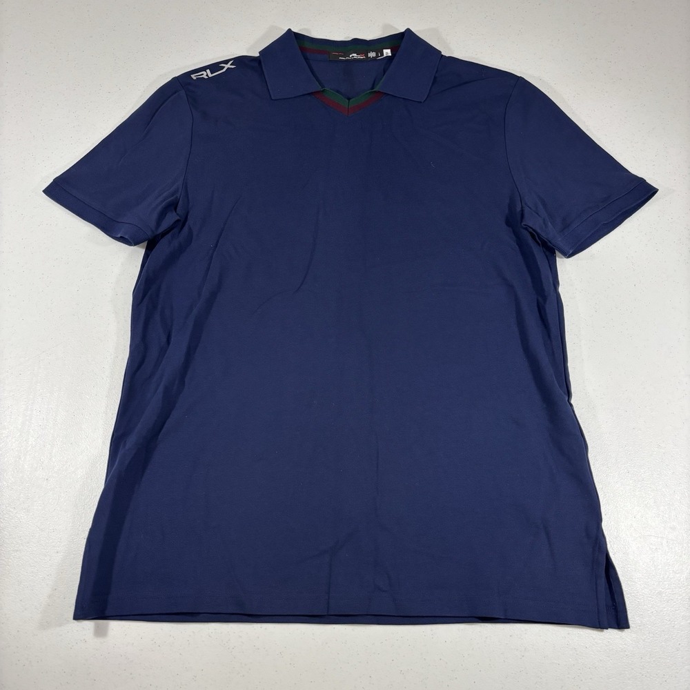 RLX Ralph Lauren Men's Striped V-Neck Pro Fit Polo Shirt Navy Blue Sz L Knit